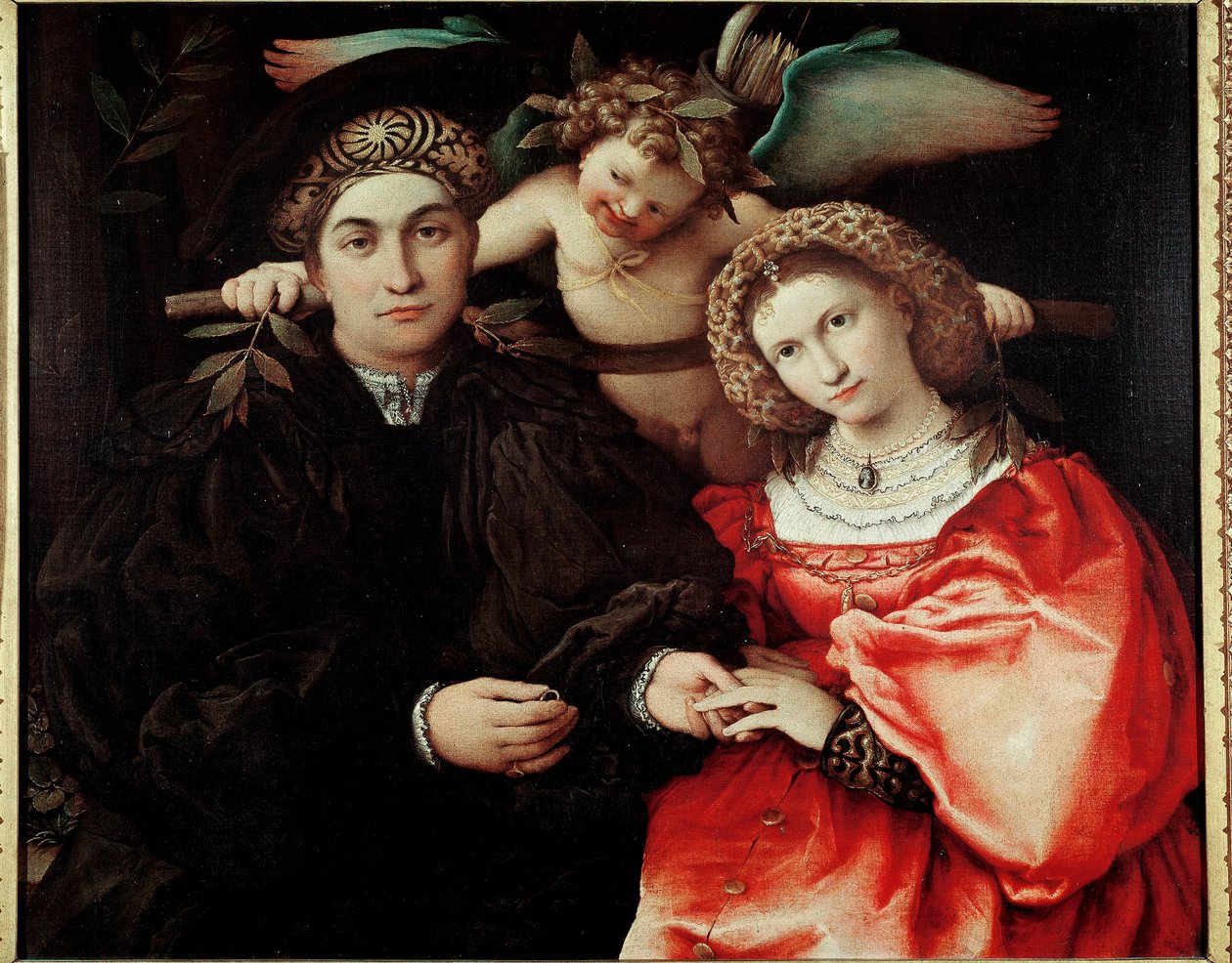 Master Marsilio (Marsilio Cassotti) وزوجته (Faustina) زيت على خشب بواسطة Lorenzo Lotto (حوالي 1480-1556) 1523 Dim. مدريد ، متحف دو برادو ، 71x84 سم- صور مارسيليو كاسوتي وزوجته فوستينا. لوحة لورنزو لوتو (1480-1556). زيت على خشب ، 71 بواسطة لورينزو لوتو