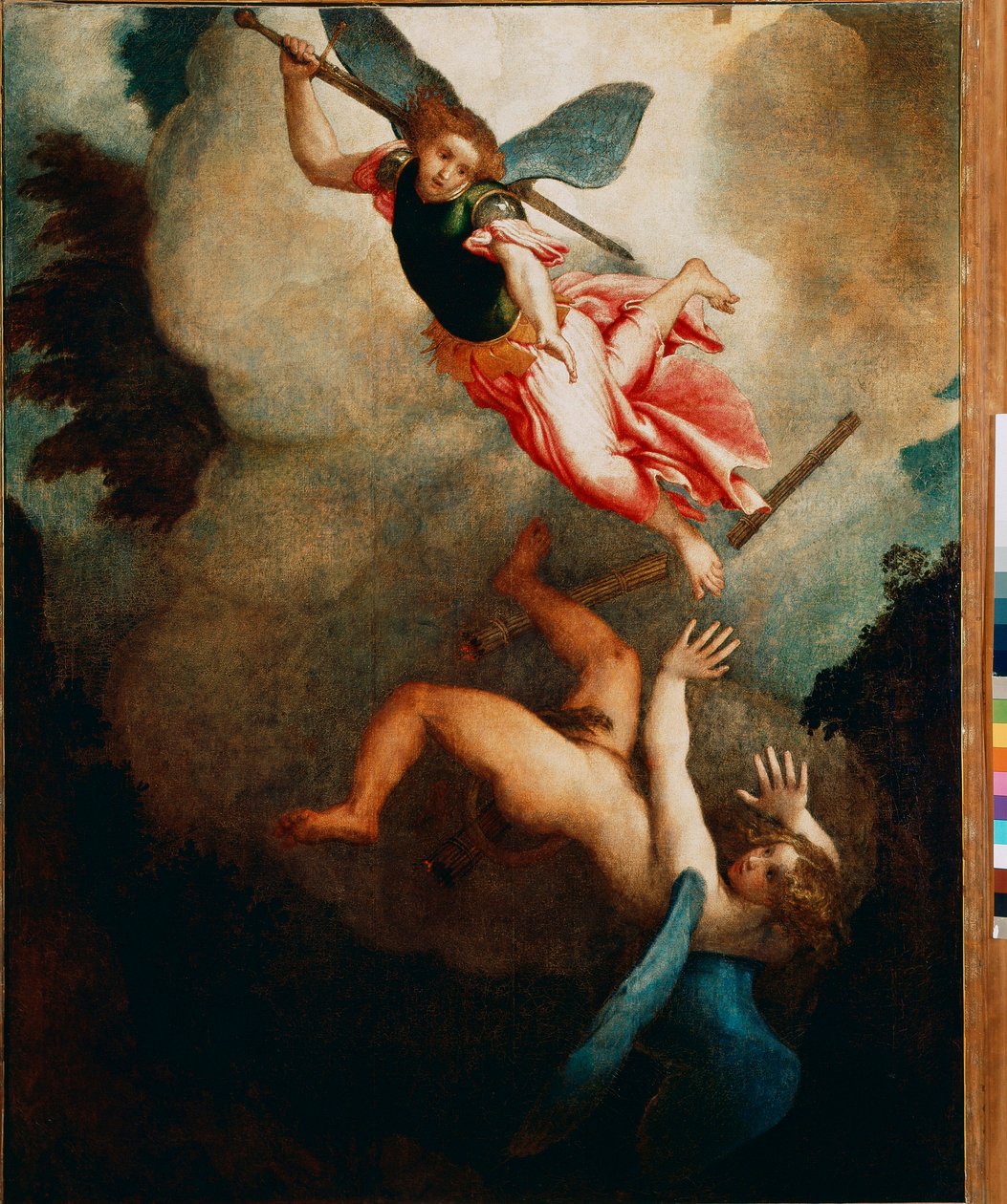 لوحة القديس ميخائيل الصيد لوسيفر بواسطة لورينزو لوتو (1480-1556) 1551-1555 صن. 167x135 سم لوريتو ، قصر أبوستوليكو بواسطة لورينزو لوتو