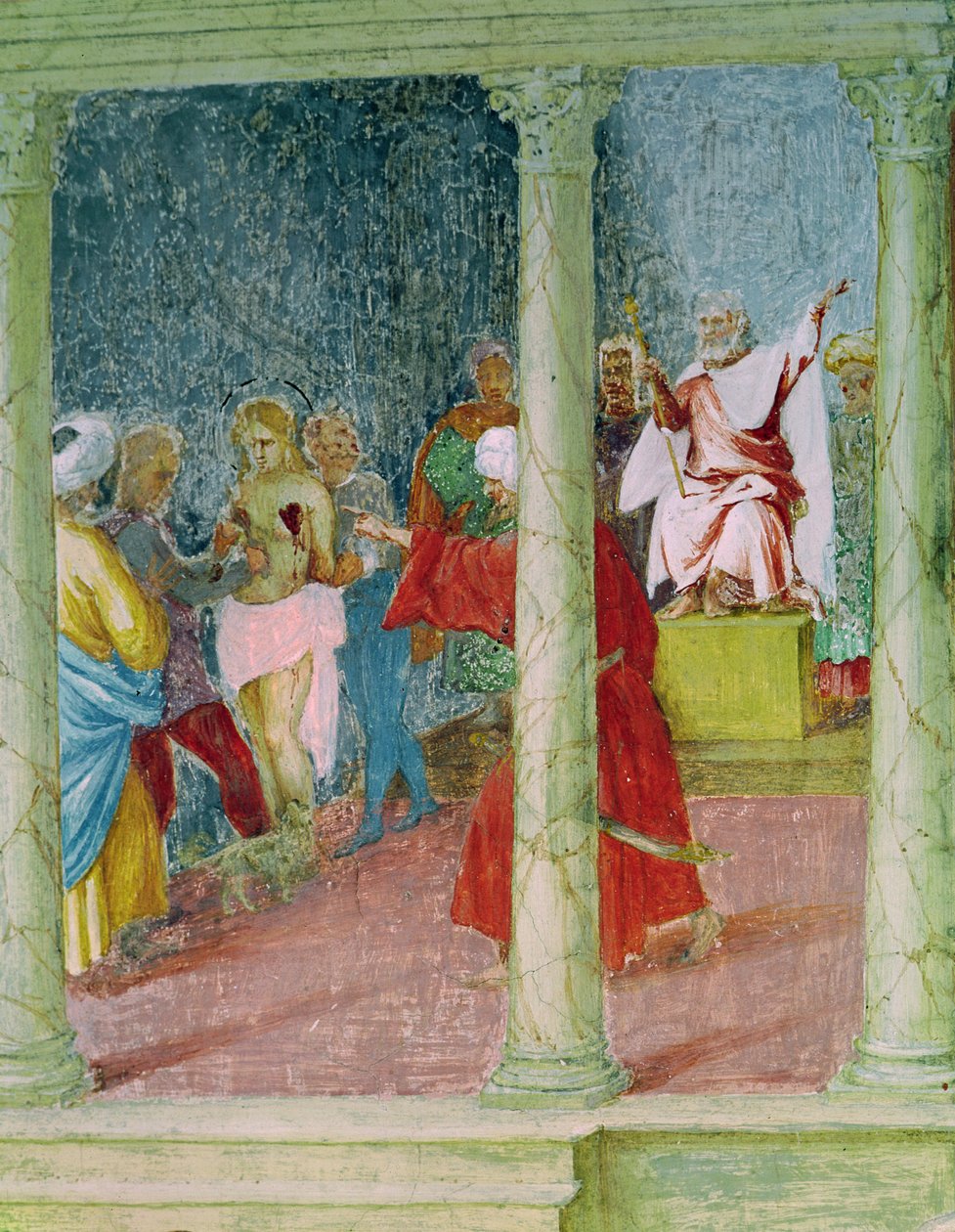 مشاهد من حياة القديسة باربرا ، تفاصيل القديسة باربرا أمام القاضي ، 1523-24 بواسطة لورينزو لوتو