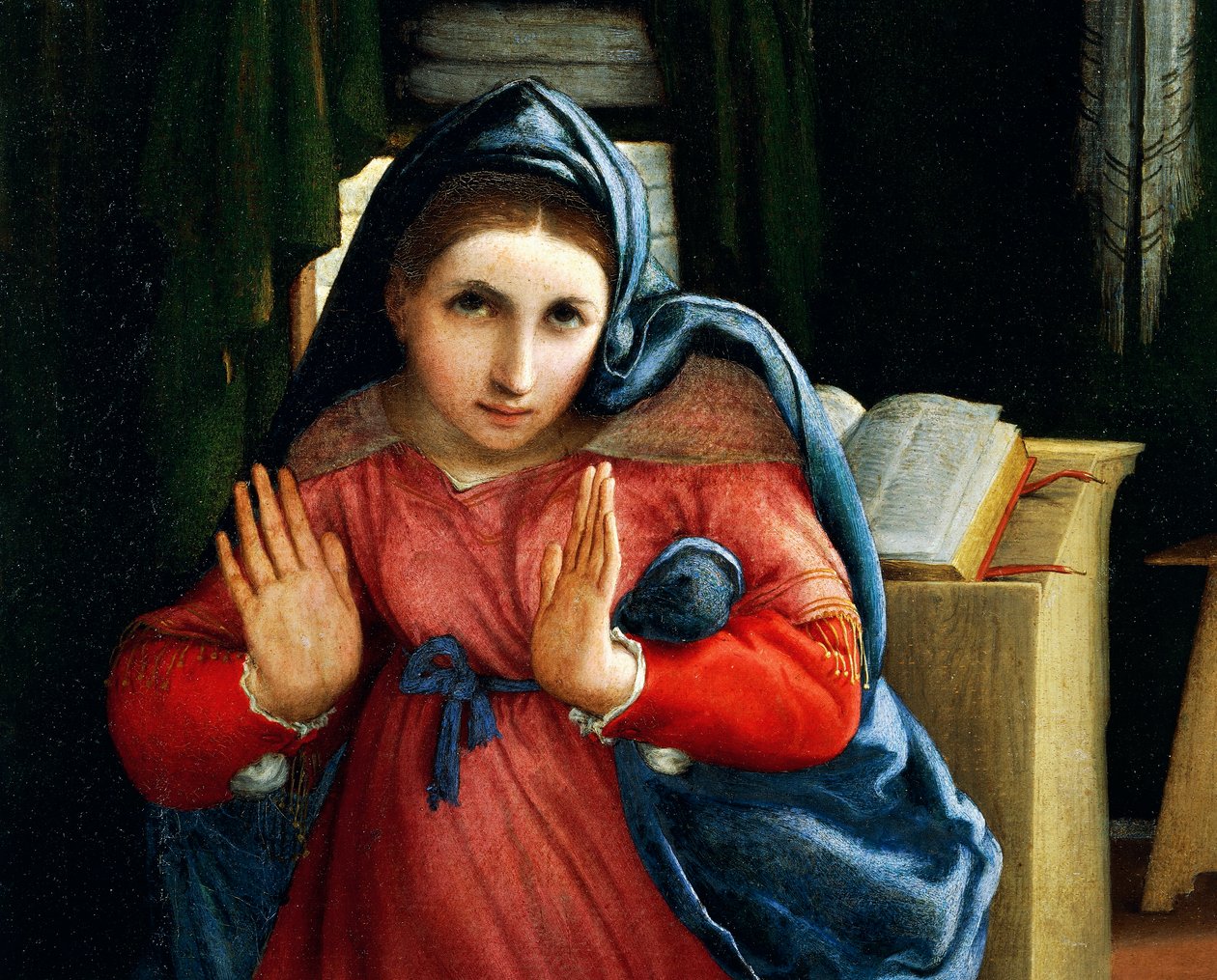 أعلنت العذراء ، تفاصيل من البشارة ، حوالي 1434 ، لورنزو لوتو (1480-1556) ، زيت على قماش بواسطة لورينزو لوتو