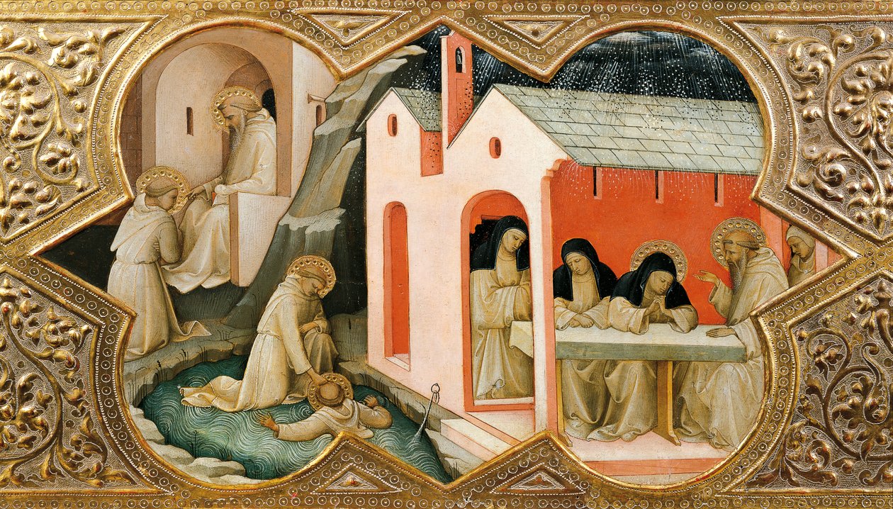 Altarpiece of the Coronation of the Virgin (Incoronazione della Vergine). Detail representing scenes from the life of St. Benedict of Nursia بواسطة لورينزو موناكو