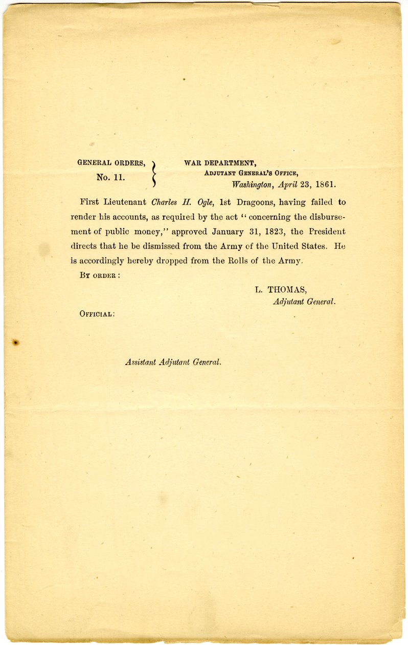 أوامر عامة ، رقم 11 ، إدارة الحرب ، مكتب القائد العام ، واشنطن ، 23 أبريل ، 1861 بواسطة لورينزو توماس