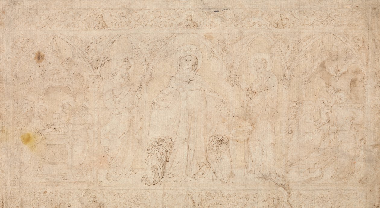 تصميم Antependium: Madonna della Misericordia مع القديسين يوحنا المعمدان ... ، حوالي 1370. بواسطة لورينزو فينيزيانو.
