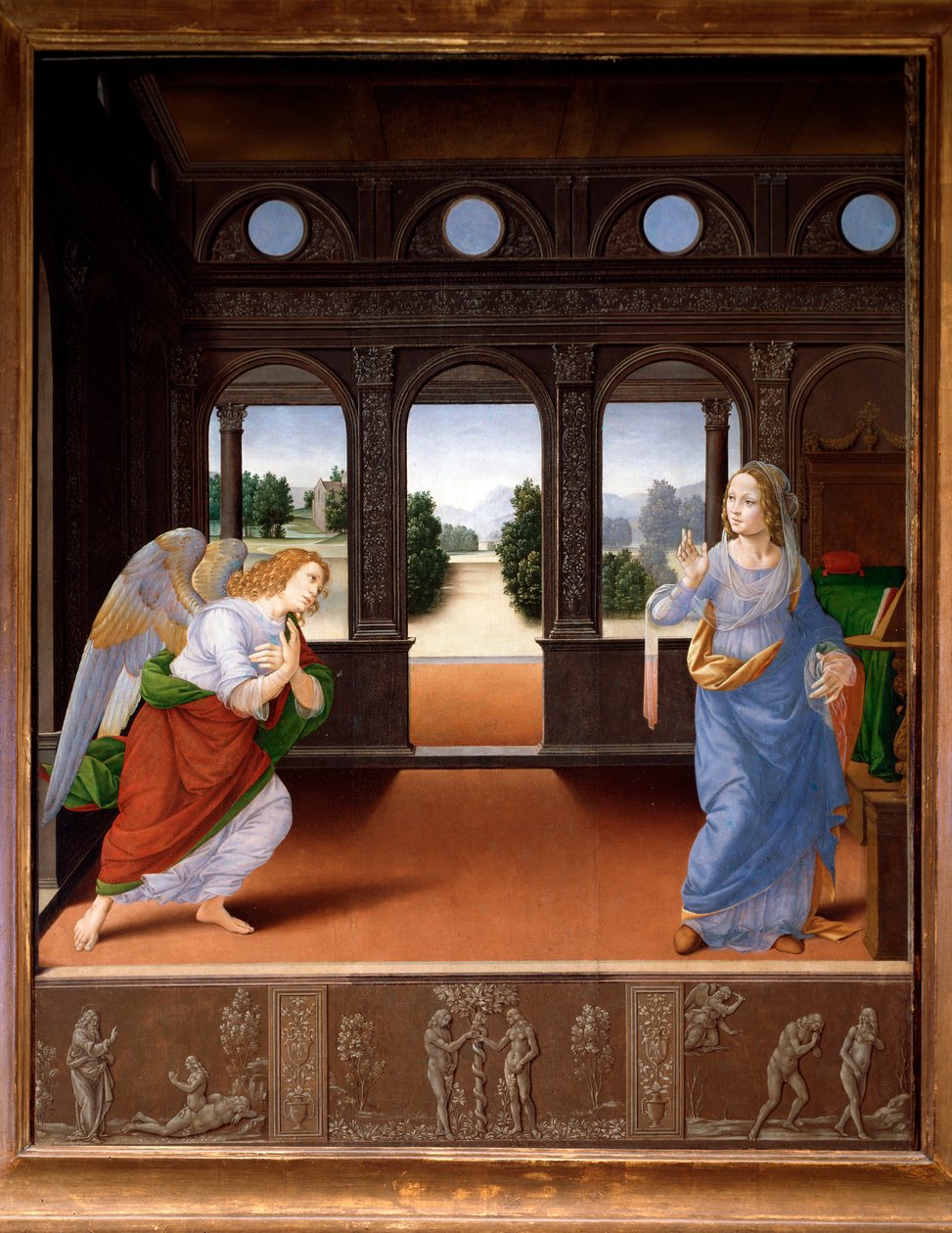 The Annunciation, and story of Adam and Eve - Oil on canvas, c.1480 بواسطة لورينزو دي كريدي