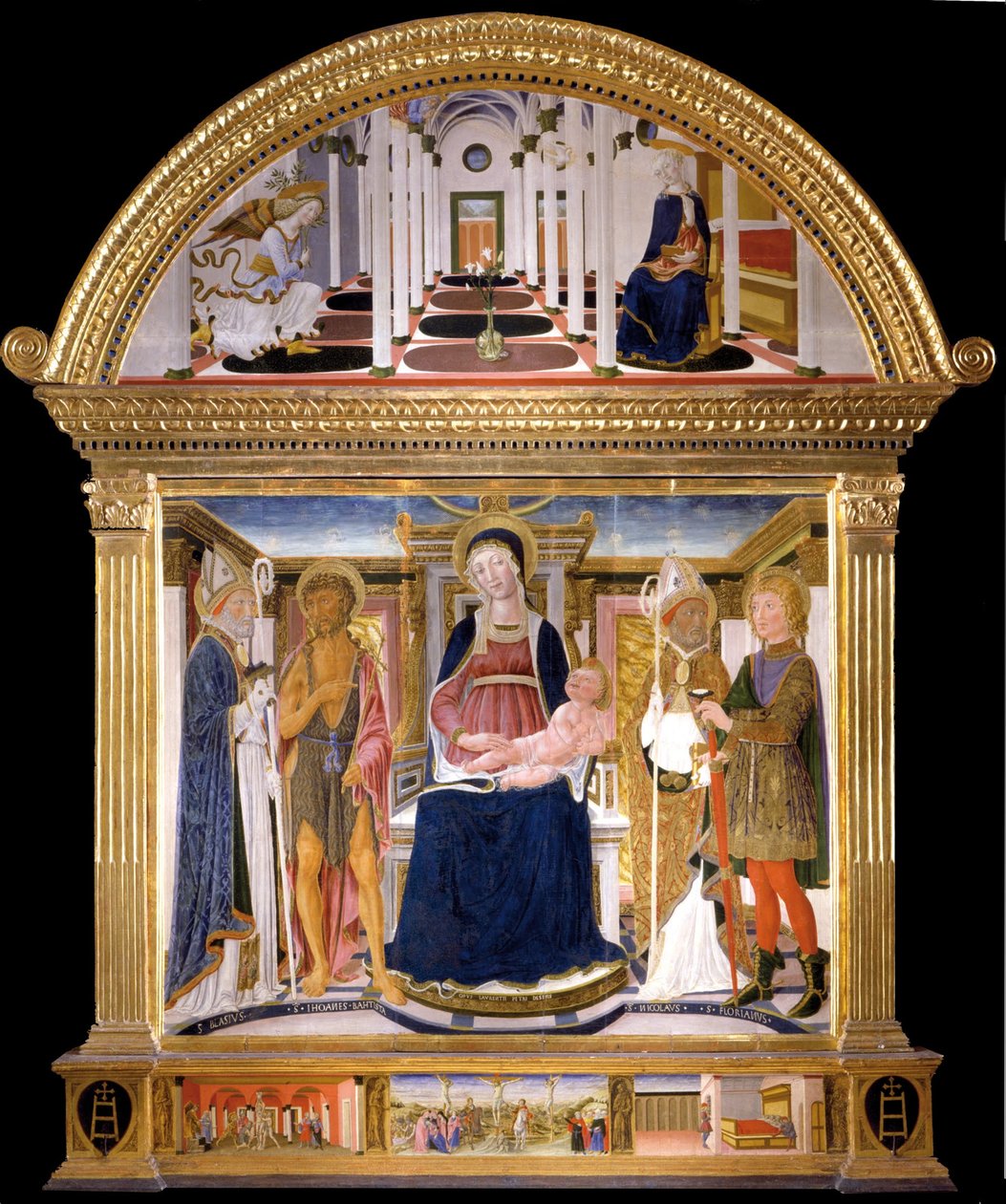 مادونا مع الطفل والقديسين بليز ، يوحنا المعمدان ، نيكولاس وفلوريان. البشارة ، 1462 بواسطة Lorenzo di Pietro