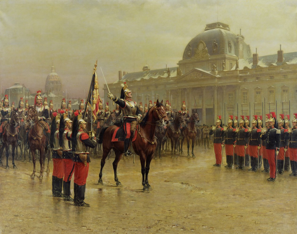 العقيد دي لا روشيتولون يقدم لمجندي الفرسان السادس معيار الفوج في يناير 1887 ، c.1887 بواسطة Louis Auguste Georges Loustaunau