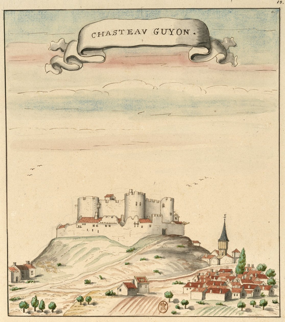 رسم للقلعة وقرية Châtel-Guyon (حوالي 1450) مستوحاة من Guillaume Revel و L&39;armorial d&39;Auvergne و Bourbonois و Forestz بواسطة لويس بودان