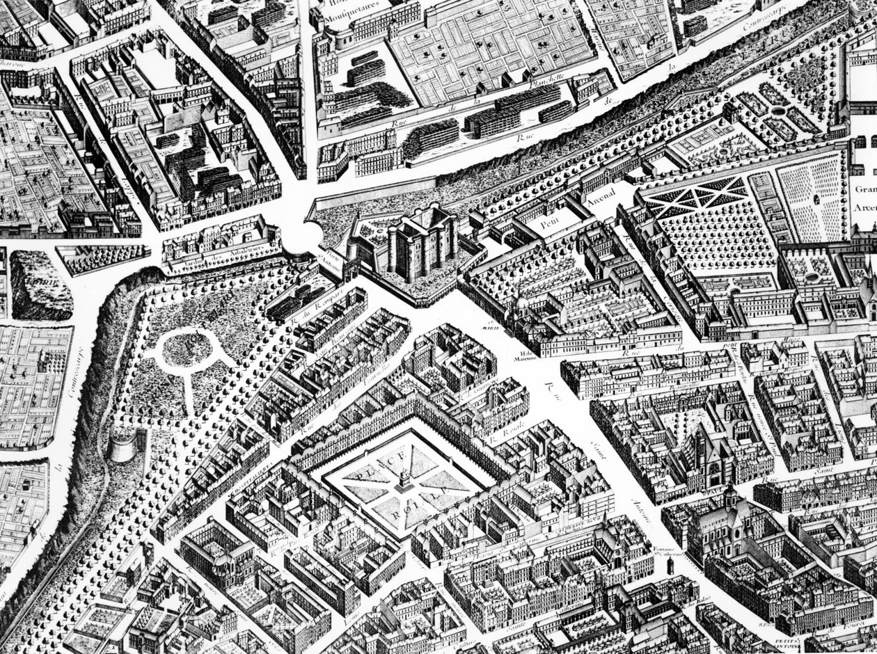 الباستيل ، Place Royale الآن Place des Vosges و Rue Saint-Antoine ، التفاصيل من خطة باريس ، والمعروفة باسم Plan de Turgot ، التي نقشها كلود لوكاس ، 1734-39 تفاصيل النقش 233535 بواسطة لويس بريتيز