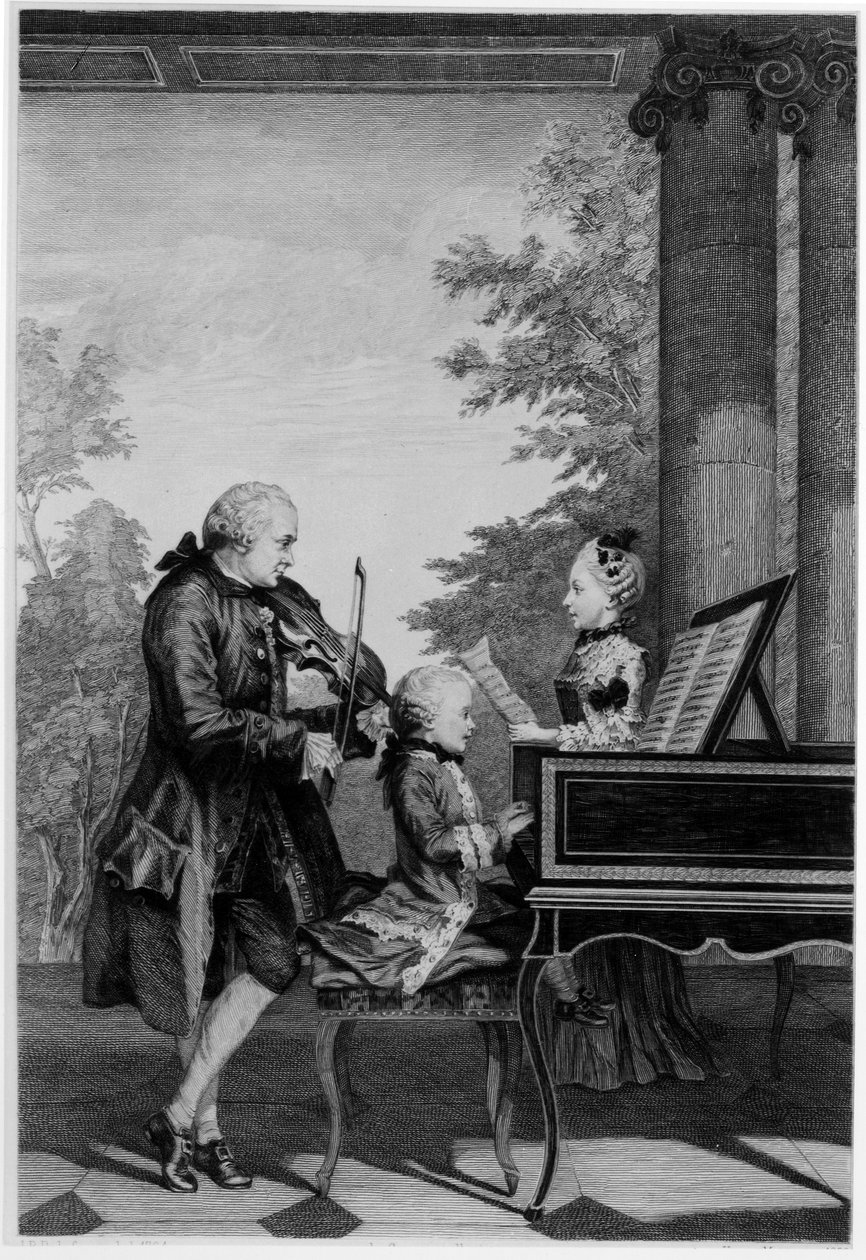 ليوبولد موزارت (1719-1777) وطفليه ، فولفجانج أماديوس (1756-1991) وماريا آنا (نانيرل) (1751-1829) بواسطة لويس كاروجيس ديت كارمونتيل