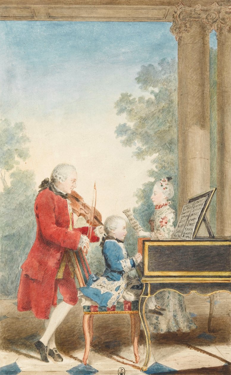 صورة لفولفجانج أماديوس موتسارت (سالزبورغ ، 1756 - فيينا ، 1791) وهو يلعب في باريس مع والده جان ... بواسطة لويس كاروجيس ديت كارمونتيل