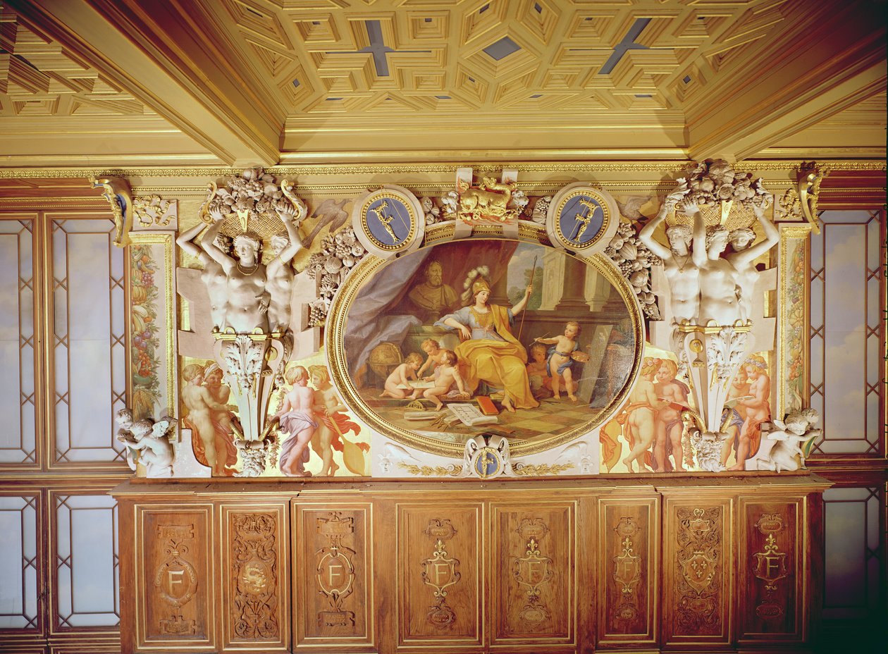 Galerie François I، Fresco يصور "La Nymphe de Fontainebleau" (جص ، جزء من السقف والأعمال الخشبية المرئية) ، بعد Rosso Fiorentino ، Giovanni Battista (1494-1540) ، 1860 (فريسكو ، جص و بواسطة لويس تشارلز أوغست كودير