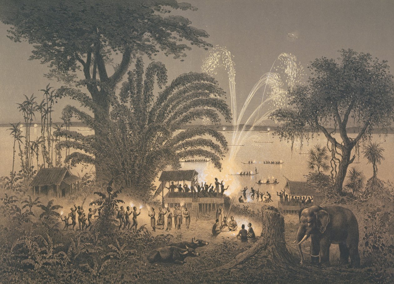 ألعاب نارية على النهر في الاحتفالات في باساك ، رسم توضيحي من "أطلس فوياج دي إكسبلوريشن دو إندو-شاين" لدودارت دي لاجري (1823-68) ، 1873 بواسطة لويس ديلابورت