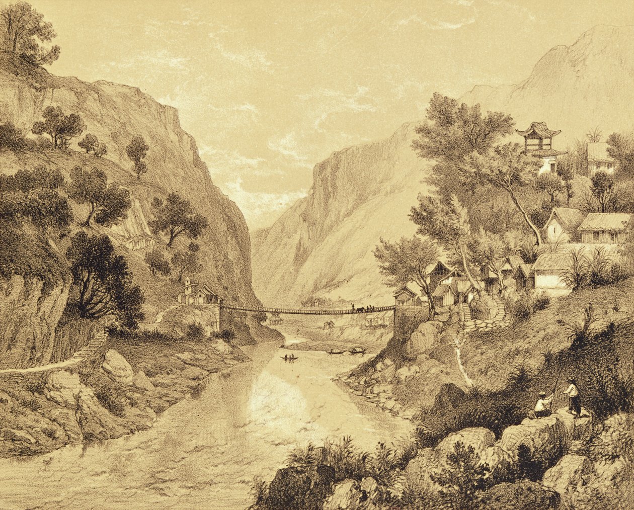 جسر معلق في لاو وا تان ، اللوحة 46 ، من "Exploration de l&39;Indochine ، Vol.II" ، منقوش بواسطة J. Laurens ، طبعه Lemercier und Co ، باريس ، 1873 بواسطة لويس ديلابورت