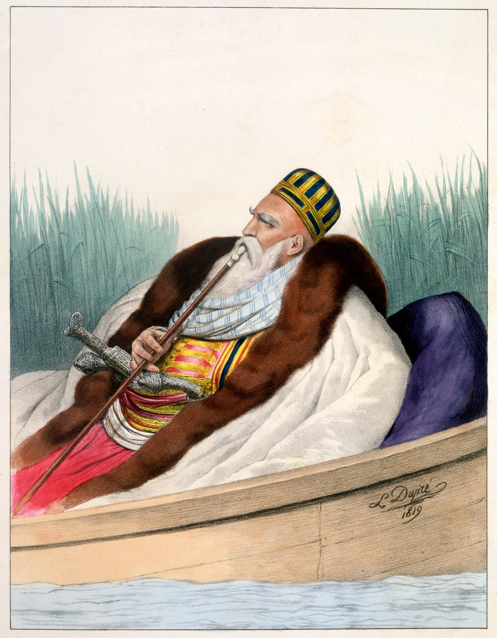 علي باشا دي جانينا في قارب على بحيرة بوترينت في عام 1819 - اللوحة السابعة ، منقوشة بواسطة ليميرسييه من "فوياج آثينز وآخرون كونستانتينوبل" ، مكتوبة وموضحة من قبل دوبري ، 1828 بواسطة لويس دوبري