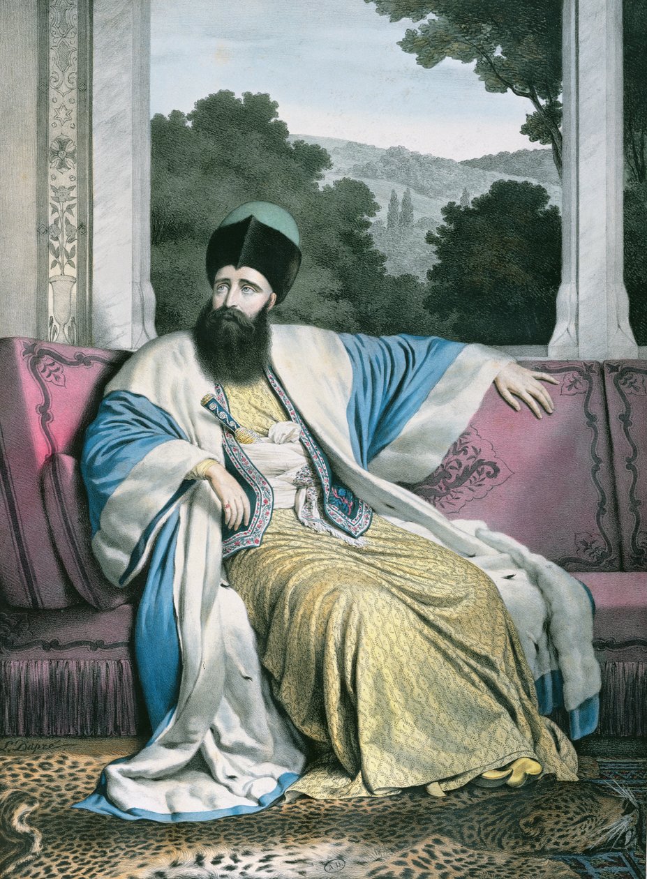 مايكل سوتزو (Mihai Sutu) ، أمير مولدافيا 1819-21 ، منقوش بواسطة Lemercier لـ "Voyage a Athenes et Constantinople" ، كتبه ويوضحه دوبري ، 1828 بواسطة لويس دوبري