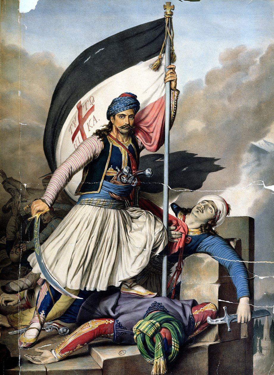 التمرد اليوناني ، الحامل القياسي في سالونا في عيد الفصح 1821 ، litho بواسطة Lemercier لـ "Voyage a Athenes" ، كتبه ويصوره دوبري ، 1825 بواسطة لويس دوبري