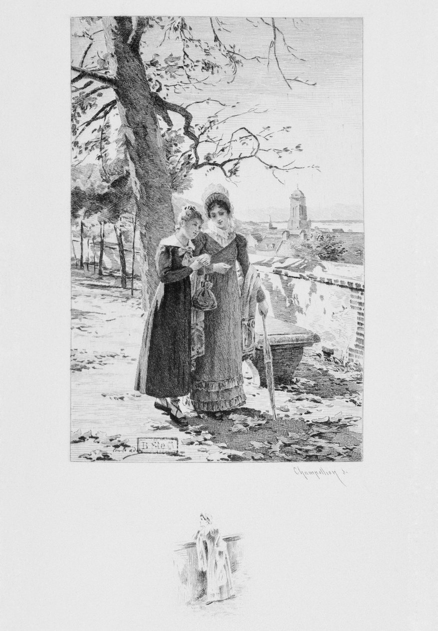 Madame Aubain and Felicite ، رسم توضيحي من "Un coeur simple" بقلم غوستاف فلوبير (1821-1880) نُشر عام 1894 ، نقشها يوجين أندريه شامبليون (1848-1901) باريس ، ليبراير إيديتور أ. بواسطة لويس إميل عدن