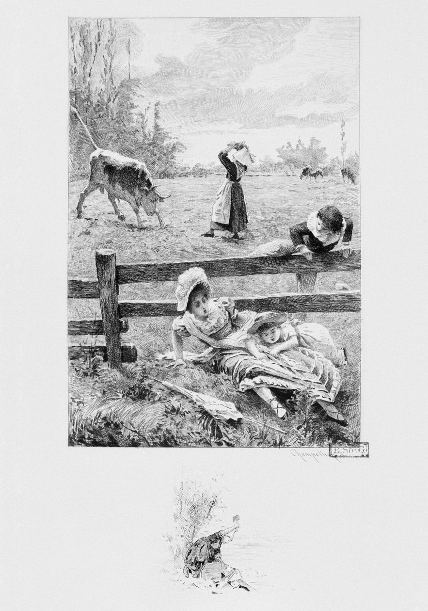 خادم فيليسيت والثور ، رسم توضيحي من "Un coeur simple" بقلم غوستاف فلوبير (1821-1880) نشر عام 1894 ، نقش بواسطة يوجين أندريه شامبليون (1848-1901) باريس ، ليبراير إيديتور أ. بواسطة لويس إميل عدن