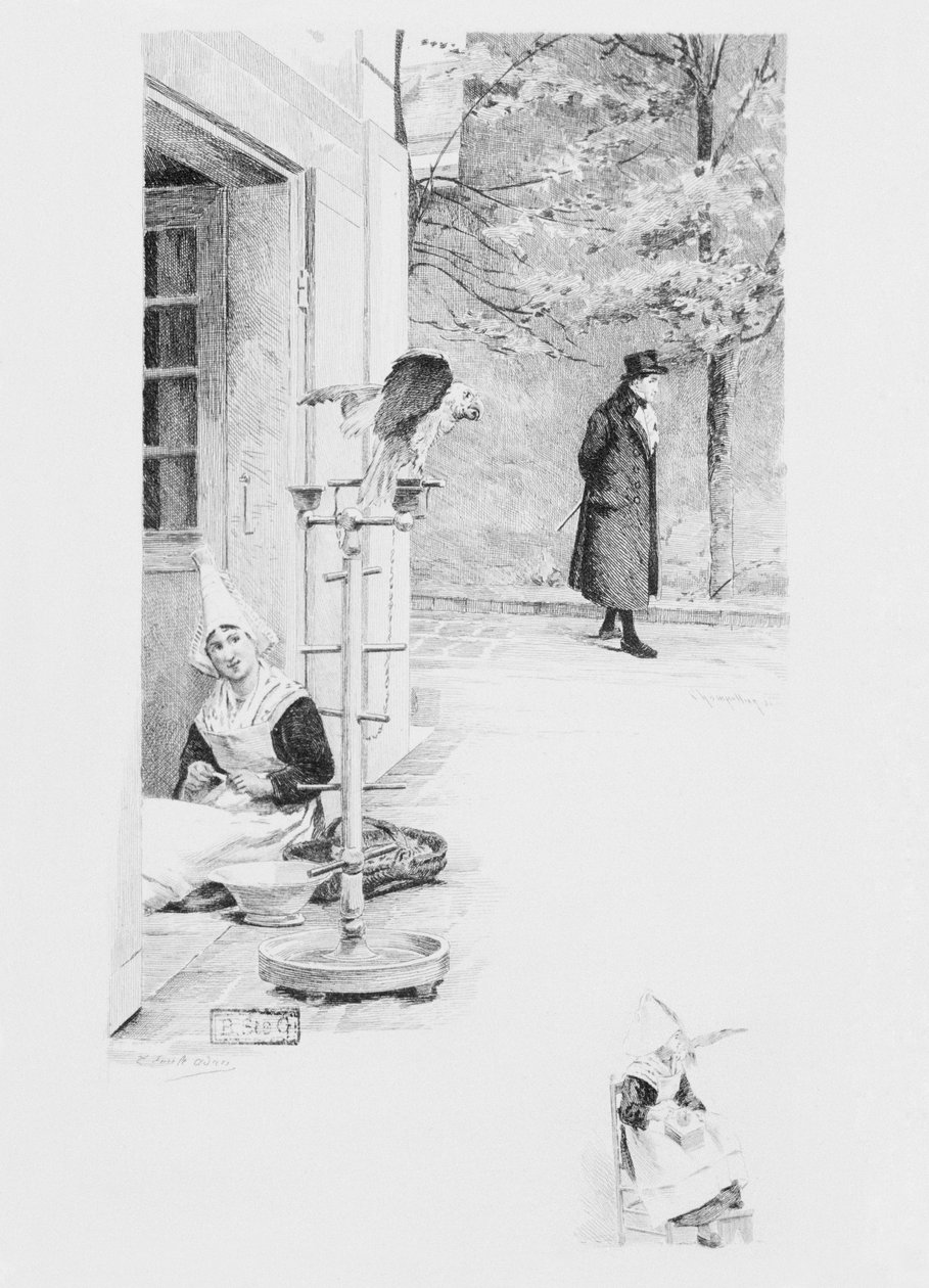 خادم Felicite والببغاء Loulou ، رسم توضيحي من "Un coeur simple" بقلم غوستاف فلوبير (1821-1880) نشر عام 1894 ، محفورًا بواسطة Eugene Andre Champollion (1848-1901) Paris، Libraire Editeur A بواسطة لويس إميل عدن