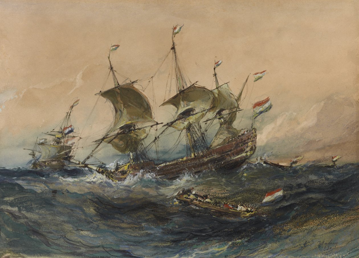 السفن الهولندية في العاصفة ، 1839 (مرحاض وغواش على ورق منسوج) بواسطة يوجين ايزابي