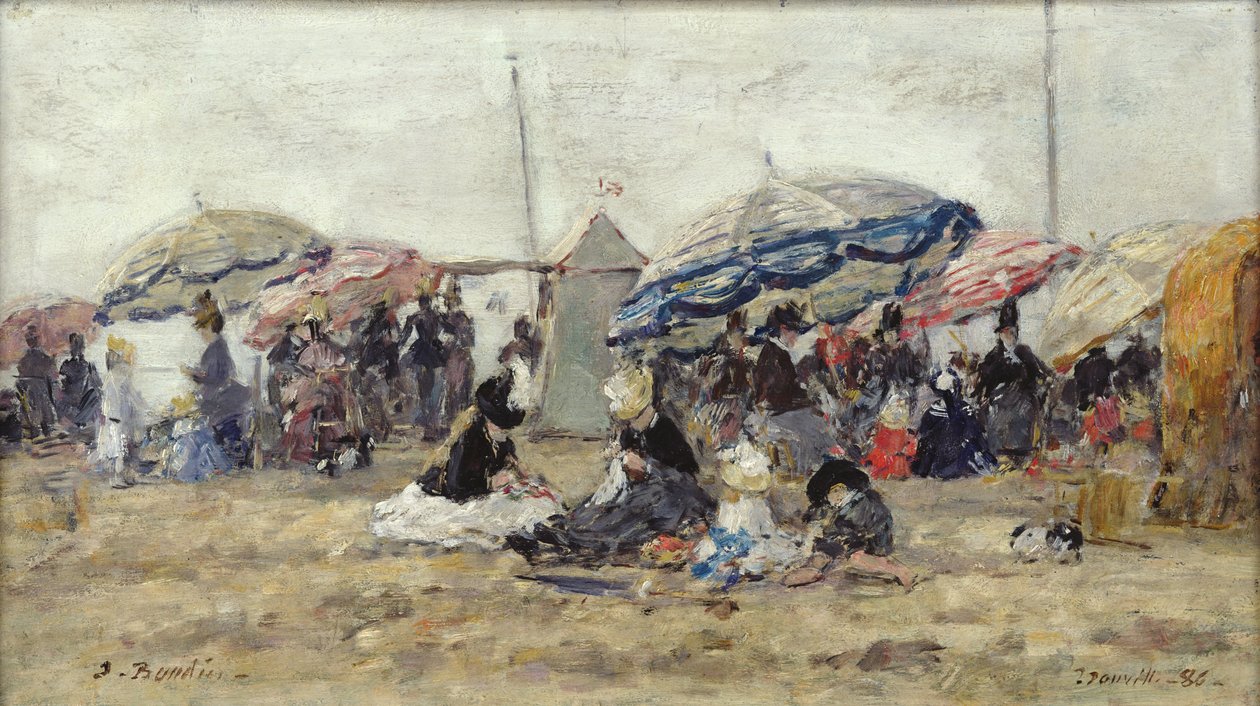 المظلات على الشاطئ في تروفيل ، 1886 (زيت على خشب) بواسطة يوجين لويس بودين