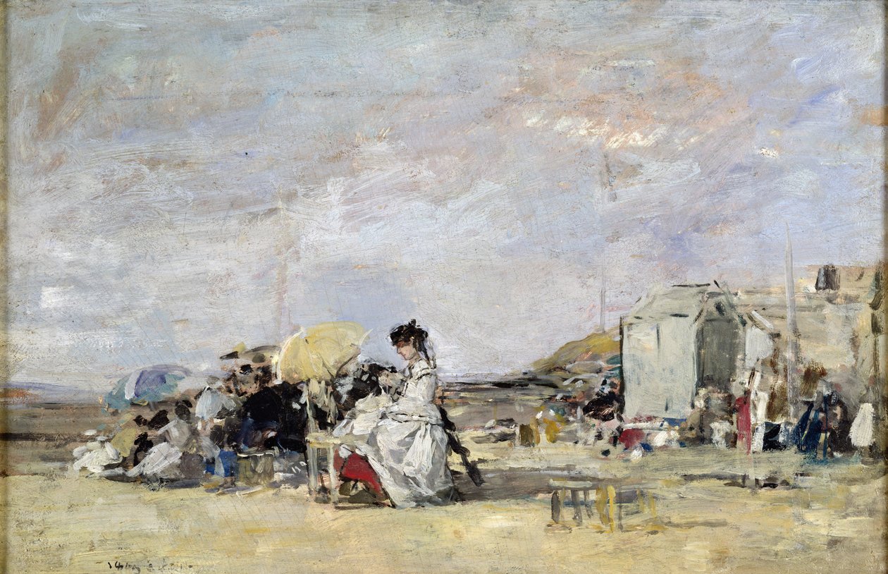 امرأة باللون الأبيض على الشاطئ في تروفيل ، 1869 (زيت على البطاقة) بواسطة يوجين لويس بودين