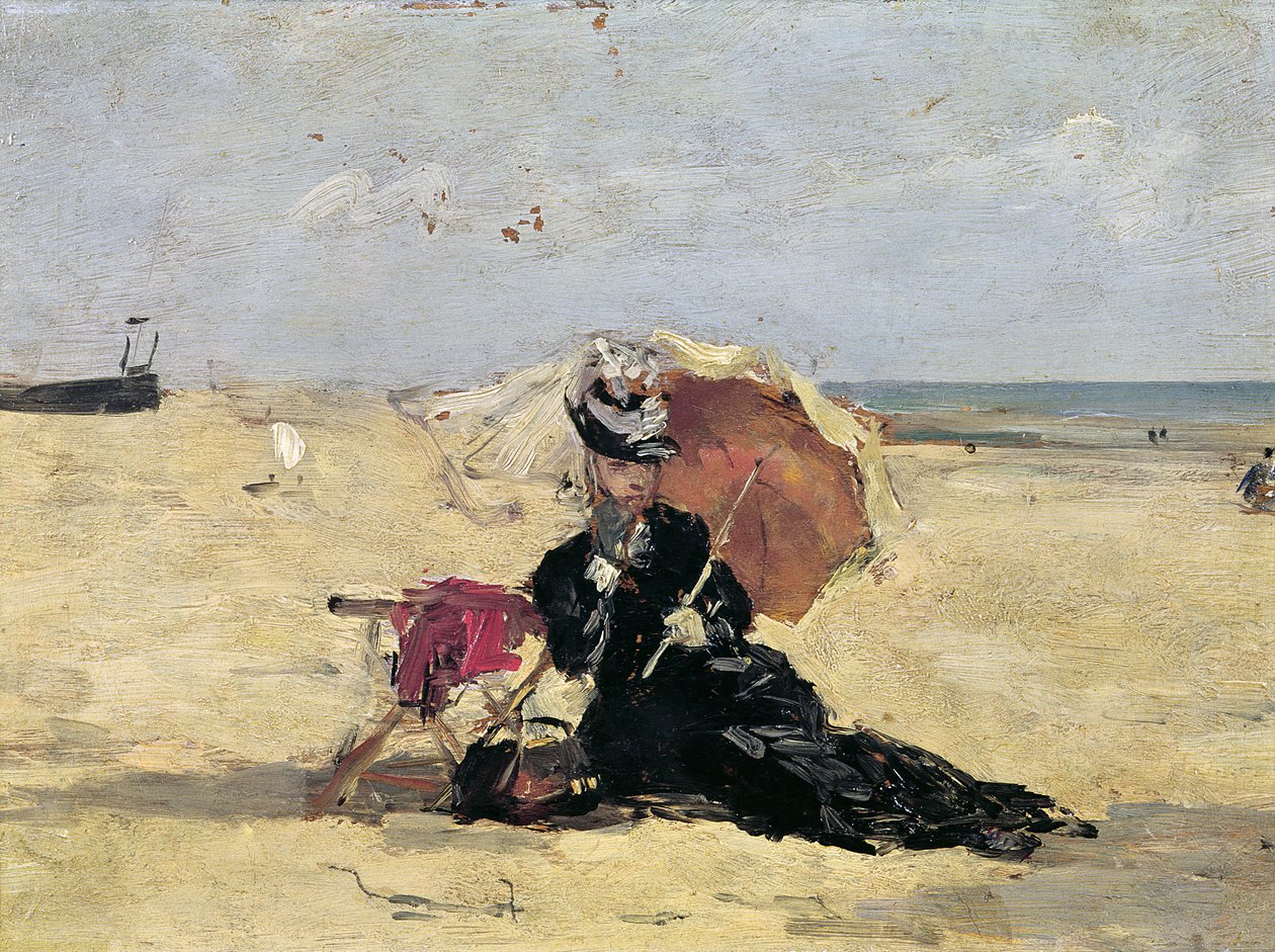 امرأة مع مظلة على الشاطئ ، 1880 بواسطة يوجين لويس بودين