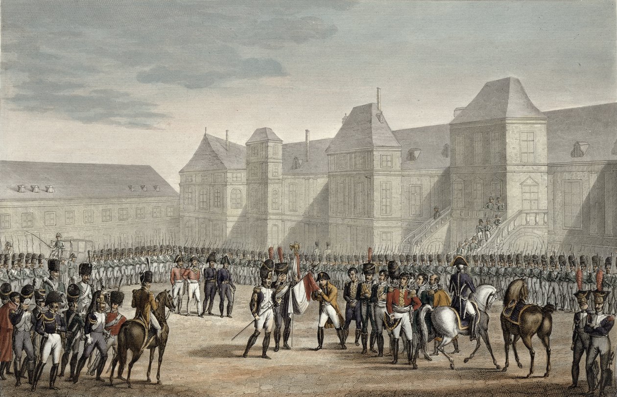 التنازل عن نابليون ومغادرته من فونتينبلو إلى جزيرة إلبا ، 20 أبريل 1814 ، نقشها فرانسوا بيجوت (م 1775) (أكواتينت) بواسطة لويس فرانسوا كوتش