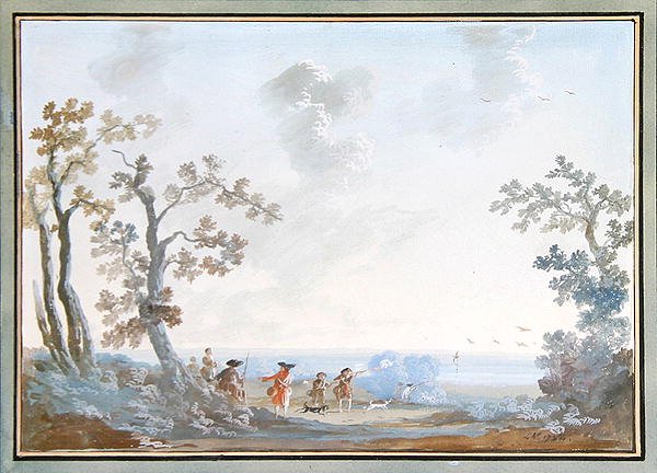 Huntsmen in a Landscape: A Set of Pendants، 1784 (see 309376 for pair) بواسطة لويس جابرييل مورو