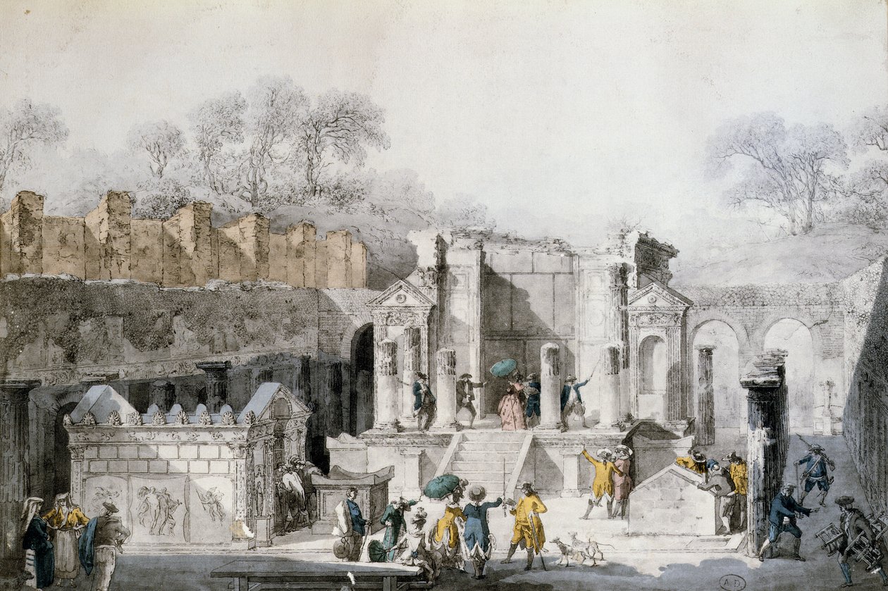 السياح في معبد إيزيس في أنقاض بومبي 1779 (نقش ملون) بواسطة لويس جان ديسبريز
