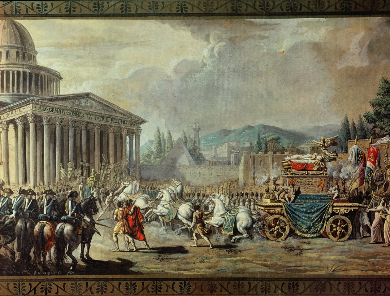 ترجمة رفات فولتير البشرية (1694-1778) إلى البانثيون في باريس في 10 يوليو 1791 (التفاصيل) بواسطة لويس جان فرانسوا لاغرينه