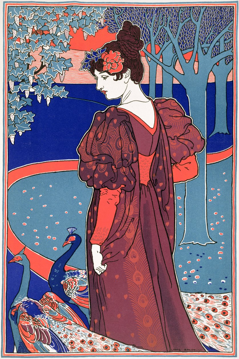 نشرت امرأة مع الطاووس ، من L&39;Estampe Moderne ، باريس 1897-99 بواسطة لويس جون ريد