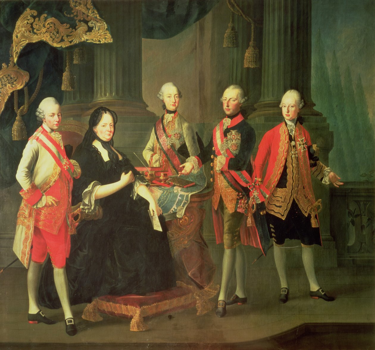 الإمبراطورة ماريا تيريزا من النمسا (1717-80) مع أربعة من أبنائها ؛ (LtoR) جوزيف (1741-90) ، فرديناند (1754-1806) ، ليوبولد (1747-1792) وماكسيميليان (1756-1801) بواسطة لويس جوزيف موريس