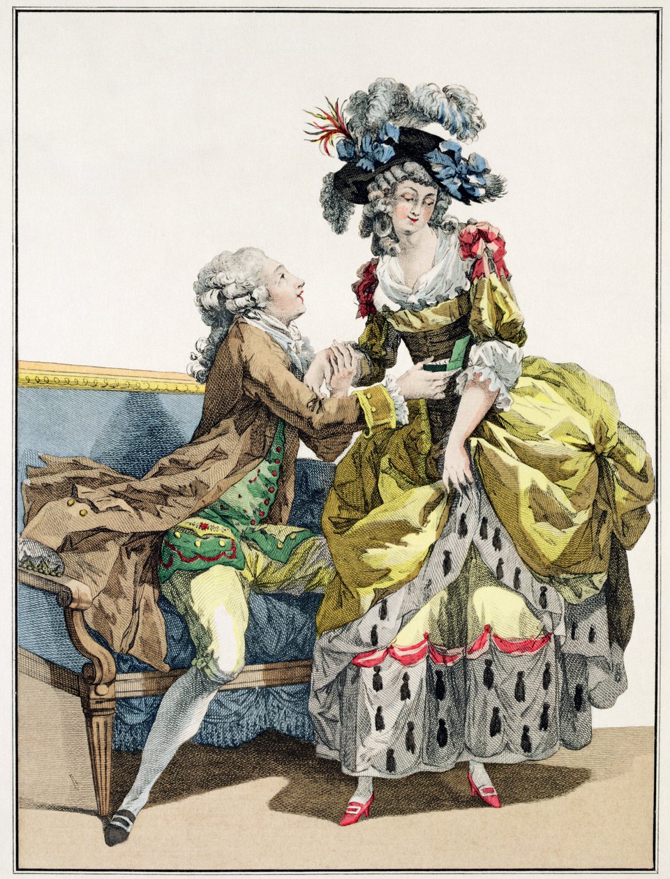 رجل أنيق يتقدم لسيدة ترتدي فستانًا مرغريتياً وقبعة "la Henri IV" ، لوحة من "Galerie des Modes et Costumes Francais" ، منقوش بواسطة Dupin ، 1778 بواسطة فرانسوا لويس جوزيف واتو