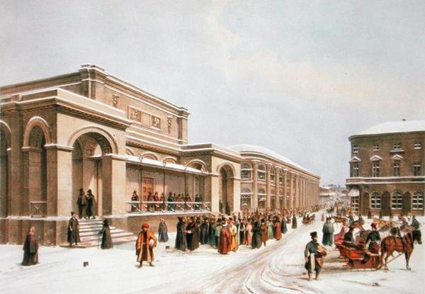 البورصة الجديدة والأركيد في موسكو ، طبعها Lemercier ، باريس ، 1840s بواسطة لويس جول بعد أرنوت