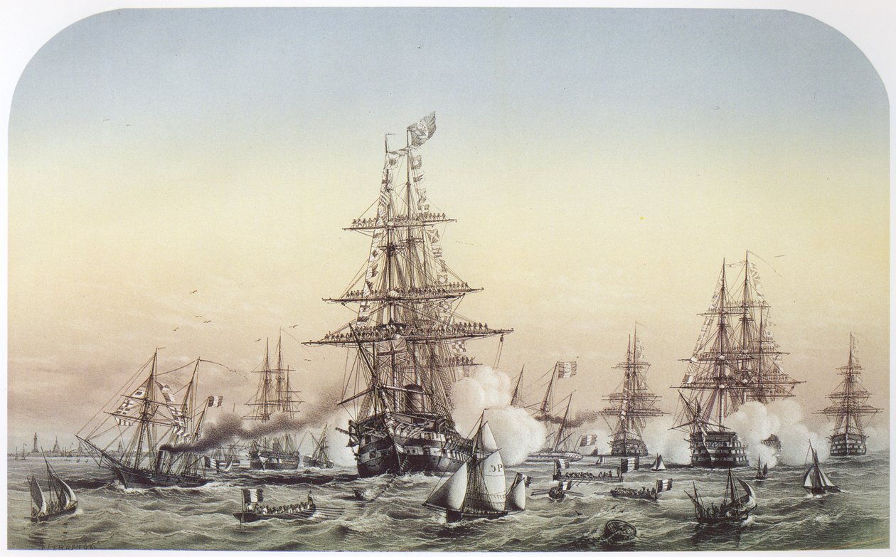 نابليون الثالث في كاليه ، يزور السرب البريطاني المغادر إلى شبه جزيرة القرم. 14 يوليو 1854 بواسطة لويس لو بريتون