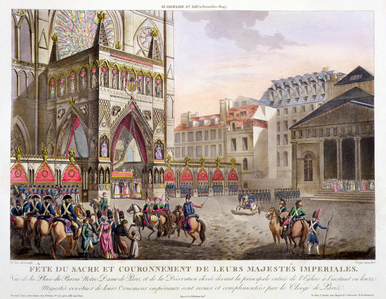 مهرجان مقدس وتتويج أصحاب الجلالة الإمبراطورية ، منظر لمكان du Parvis Notre Dame ، محفور بواسطة Dorgez (fl.1780-1814) ، تم نشره عام 1806 (نقش ملون يدويًا) بواسطة لويس لو كور