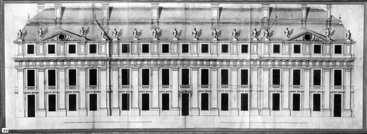 Chateau de Vincennes: ارتفاع واجهة جناح الزاوية ، 1658 (قلم وحبر وغسل على الورق) بواسطة لويس لو فاو