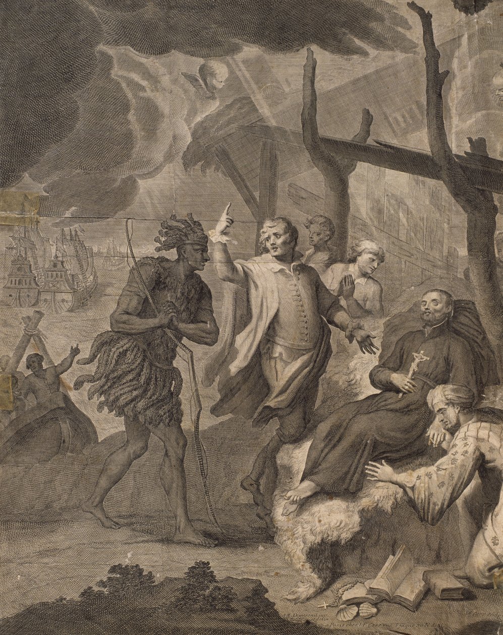 أول فرنسي يصل إلى كندا ، محفور بواسطة لوران كارز (1699-1771) بواسطة لويس ميشيل دومسنيل
