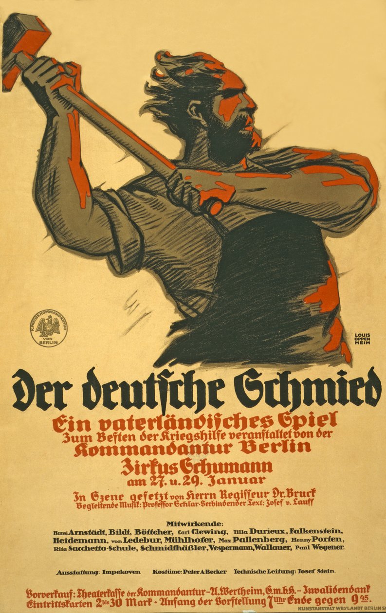 ملصق يعلن عن مسرحية لمساعدة المساعدات الحربية الألمانية ، c.1914-18 بواسطة لويس أوبنهايم