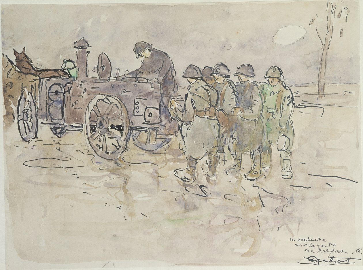 المطبخ الميداني على الطريق إلى بلفور ، 1918 (قلم وحبر ومرحاض على ورق) بواسطة لويس روبرت انترال