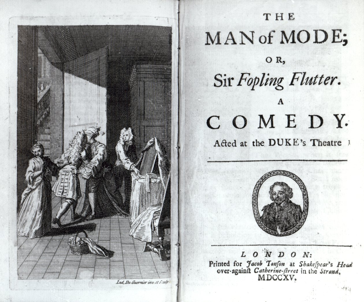 صورة في الصفحة وصفحة العنوان لـ The Man of Mode ، أو Sir Fopling Flutter by George Etherege ، تم نشره عام 1715 بواسطة لويس دو غيرنير
