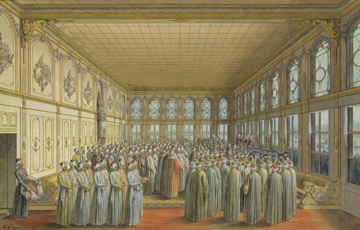 استقبال سفير من قبل الوزير الأكبر في قصر توبكابي ، القسطنطينية ، 1790 (مرحاض ولون مع طباشير وقلم وحبر على ورق) بواسطة لويس نيكولاس دي ليسبيناس