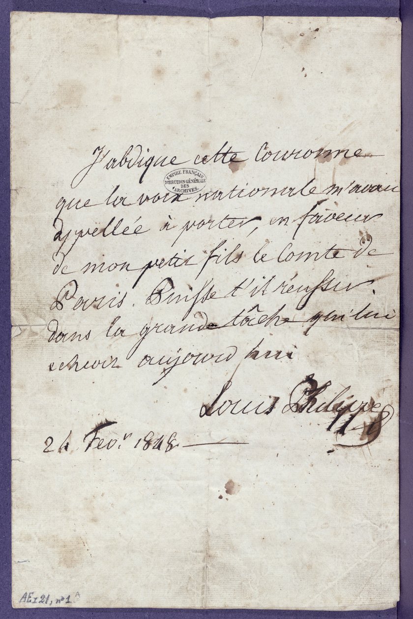 قانون التنازل عن العرش من قبل لويس فيليب (1773-1850) لصالح حفيده ، لويس فيليب ألبرت دورلينز (1838-1894) ، كومت دي باريس ، 24 فبراير 1848 بواسطة لويس فيليب