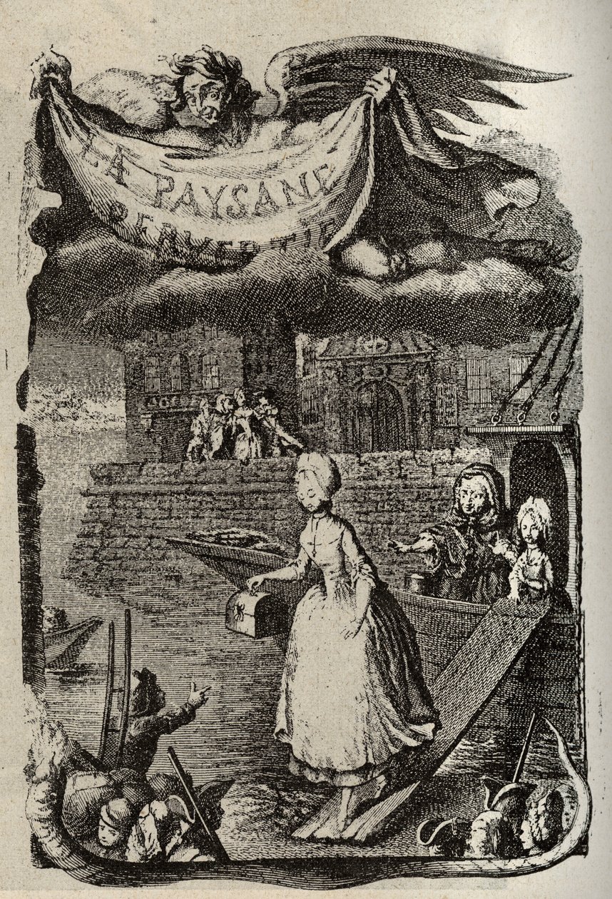 رسم توضيحي لـ "La Paysanne pervertie ou les Dangers de la ville" للكاتب الفرنسي Restif de La Bretonne (1734-1806). نقش بينيه من القرن الثامن عشر. بواسطة لويس (بعد) بينيه