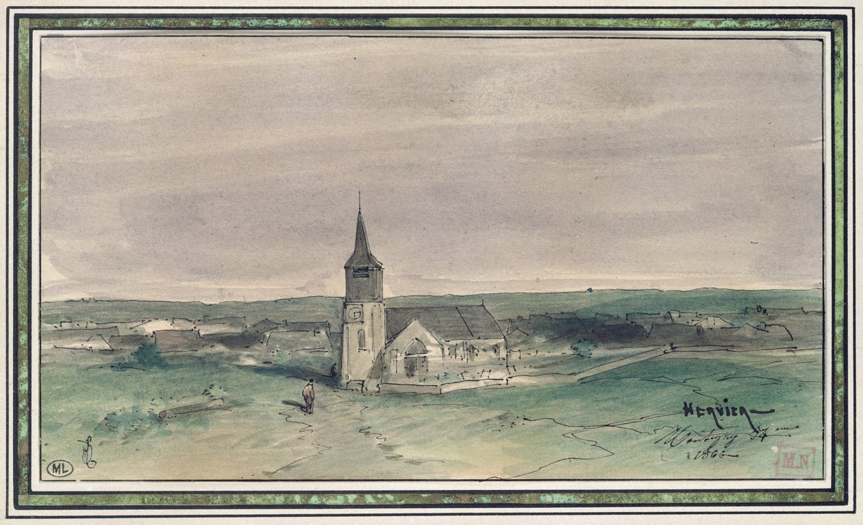 الكنيسة والقرية في وسط الحقل ، مونتيني ، 1866 (قلم وحبر ومرحاض على ورق) بواسطة لويس أدولف هيرفييه