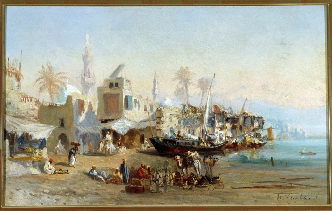 صيادون ومساجد بميناء بولاك في مصر لوحة لأمابل لويس كرابيليت (1822-1867) شمس. 41x64 سم إشارة إلزامية: مجموعة مؤسسة Regards de Provence ، مرسيليا بواسطة لويس أمابل كرابيليت