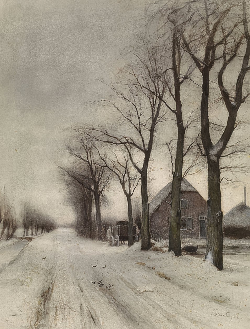 Winterlandschaft mit Bauernhof an einer Allee (منظر طبيعي شتوي مع مزرعة في شارع) بواسطة لويس أبول