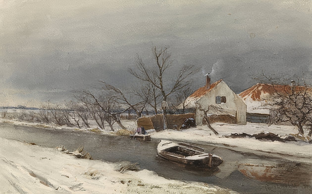 Winterlandschaft mit Häusern und einem Kanal (منظر طبيعي شتوي مع منازل على قناة). 1874 بواسطة لويس أبول