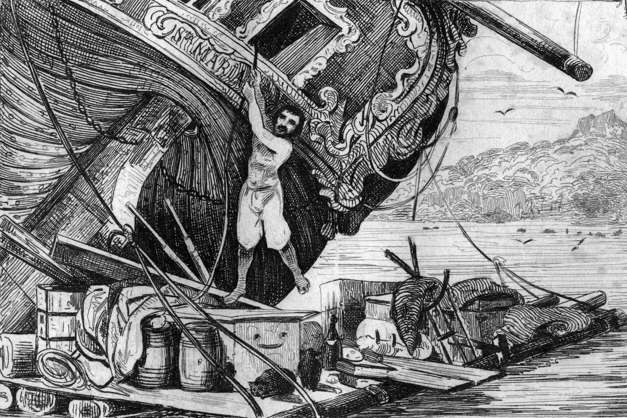 نزلت على الطوف الخاص بي ثم وضعت نفسي في البحر ... نقش بعد رسم M. de Sainson لكتاب Daniel Defoe (De foe) Robinson Crusoe ”الطبعة الفرنسية لعام 1837. بواسطة لويس أوغست دي سينسون